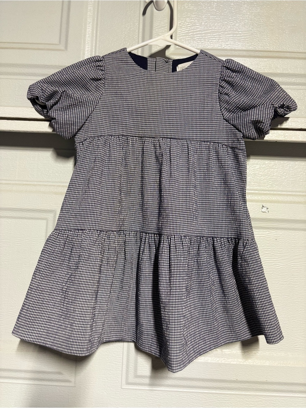 Zara Navy and White Gingham Tiered Puff-Sleeve Dress